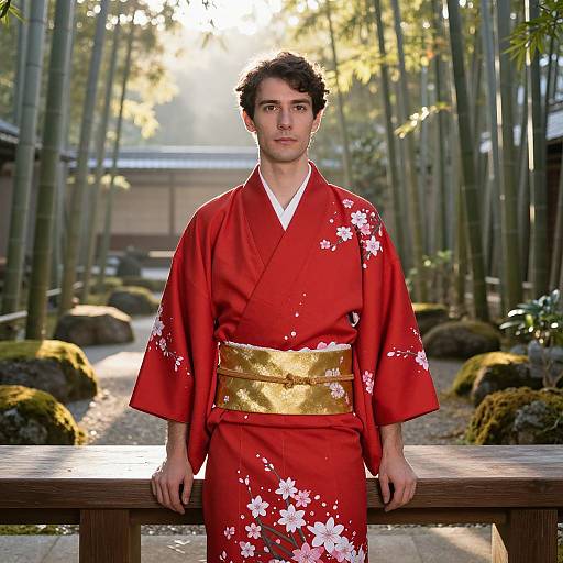 Serene Man in Japanese Garden Sunrise