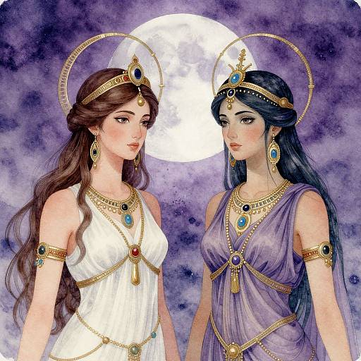 Digital artwork of two ethereal women with long hair, wearing golden headpieces, blue gemstone jewelry, and white and purple dresses, against a moon