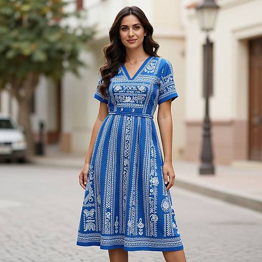 Photograph of a smiling woman with long dark hair, wearing a blue embroidered dress, standing on a cobblestone street with blurred buildings and a tree