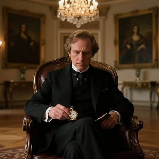 Photograph of a serious-looking middle-aged man in a black suit sitting in an ornate wooden chair, holding a pocket watch, in a grand,