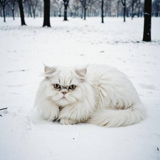 White Persian Cat in Snowy Park Scene White Persian Cat in Snowy Park Scene