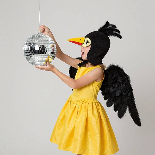 Photograph of a woman in a yellow dress and black bird costume, including beak and wings, dancing with a silver disco ball against a white background