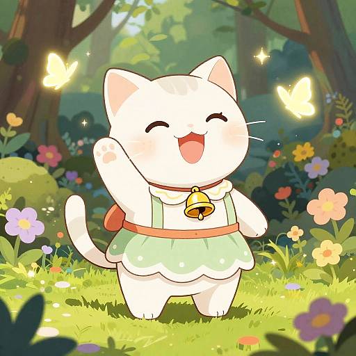 Adorable white cartoon cat with green dress and bell collar, joyfully dancing in sunny forest, surrounded by glowing butterflies and colorful flowers.