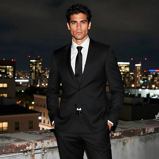 Photograph of a handsome, dark-haired man in a black suit with white shirt and black tie, standing on a rooftop at night, city skyline with