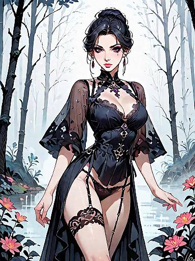 Dark Fantasy Woman in Elegant Black Lingerie