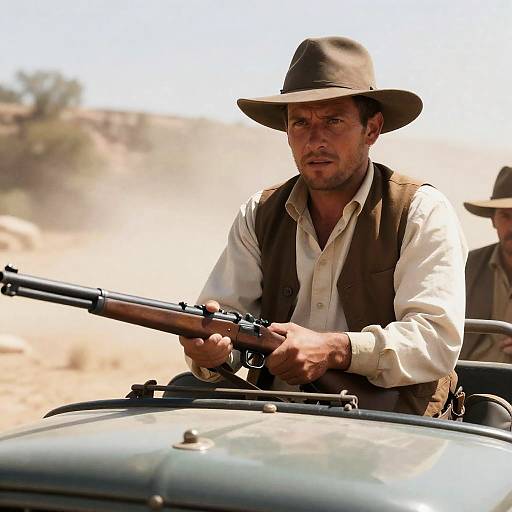 Man with Rifle on Vintage Vehicle in Desert