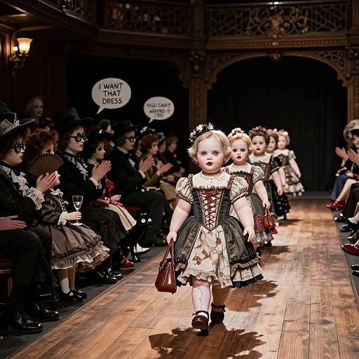 Photograph of a fashion runway show featuring young children in Victorian-style black and white dresses, with an ornate wooden stage and audience clapping, including