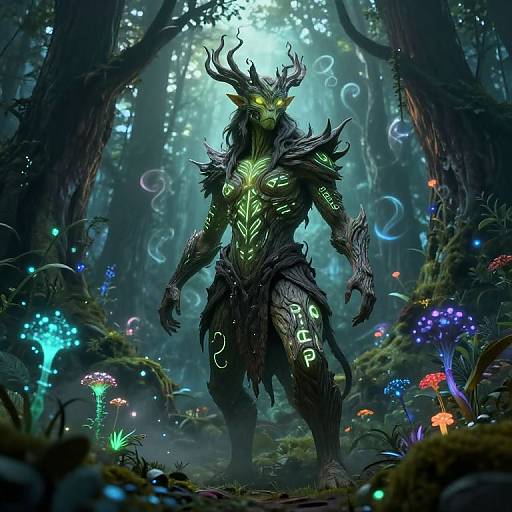 Digital fantasy artwork of a glowing, horned, green-skinned forest creature with intricate black armor, standing amidst bioluminescent mushrooms and plants in