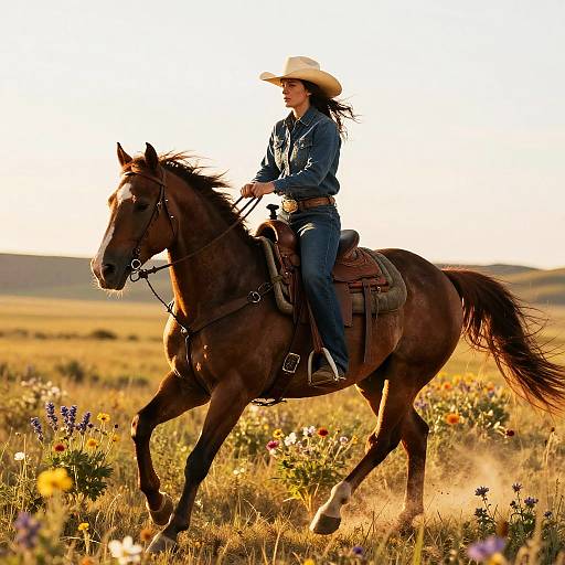 Photograph of a cowboy with tan hat and blue jacket riding a brown horse through a sunlit, flower-filled meadow.