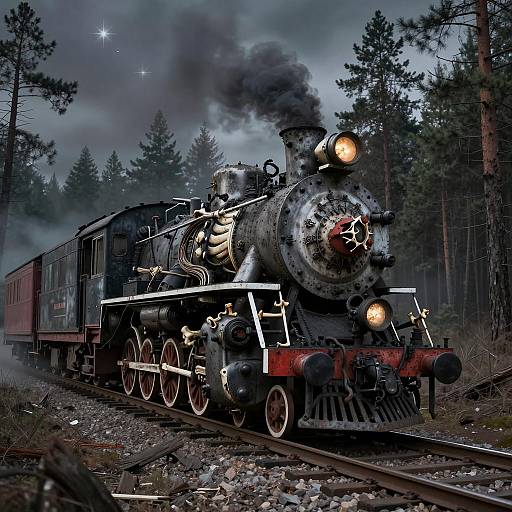 Eerie Bone Steam Engine Train in Pine Forest at Night