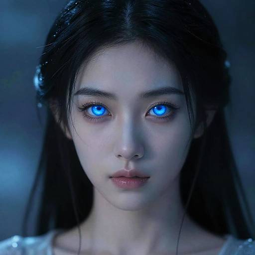 Digital art of an ethereal Asian woman with glowing blue eyes, long black hair, and fair skin, set against a dark blue background. Her expression