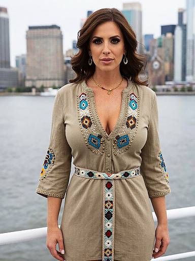 Photograph of a brunette woman with wavy hair, wearing a beige dress with blue and orange embroidery, standing by a river in a cityscape.