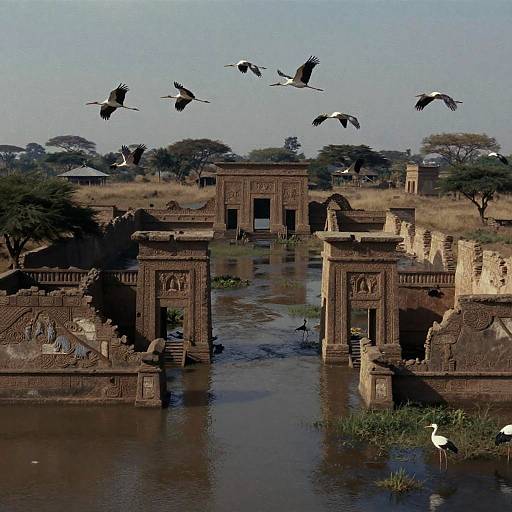 Photograph of ancient stone arches by a reflective waterway, with flying birds overhead, grassy landscape, and distant trees in the background.