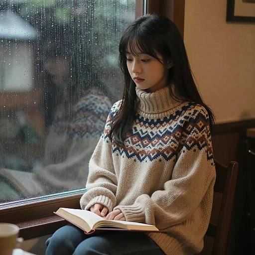 Anime Girl Reading by Rainy Window