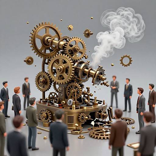 Photograph of a complex gold gear machine with steaming gears, surrounded by standing businessmen in suits, against a gray background.