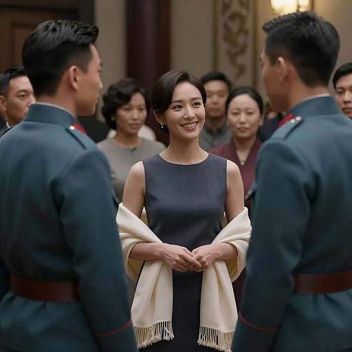 Cinematic Scene with Elegant Woman and Soldiers