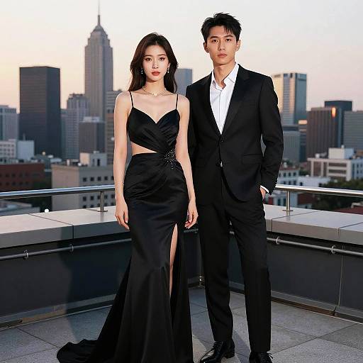 Photograph of an Asian couple in formal black attire, standing on a rooftop against a city skyline at dusk. She wears a strapless, black,