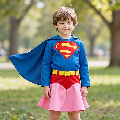 Photograph of a young boy with brown hair, wearing a Superman costume with blue shirt, red 