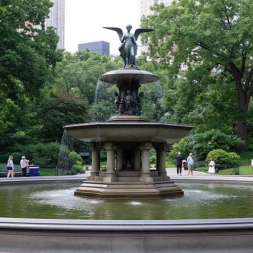 Photograph of a central fountain in a lush park, featuring a bronze winged statue, surrounded by greenery, with people walking in the background.
