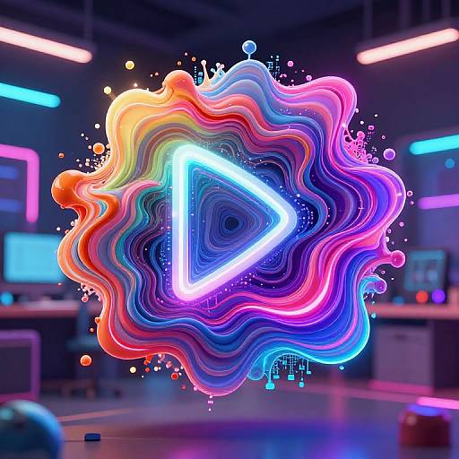 Digital artwork of a neon, rainbow-colored, wavy vortex with a glowing white triangle at its center, set in a futuristic, neon-lit office