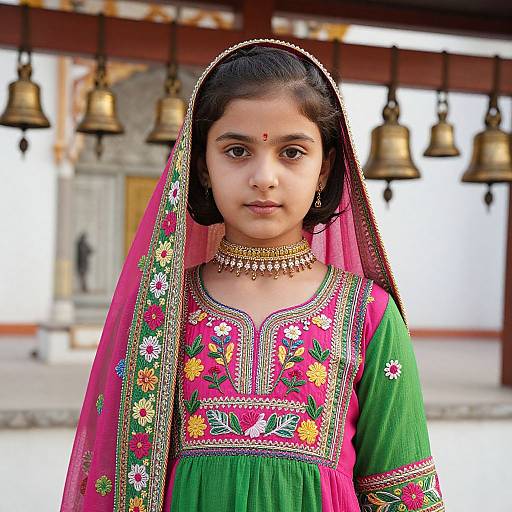 Young Indian girl in traditional green and pink embroidered attire with veil, gold necklace, and red bindi, standing in front of hanging bells. Photograph.
