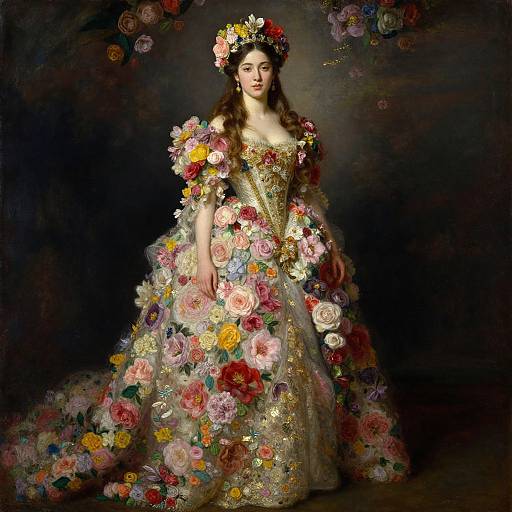Photorealistic painting of a woman in an elaborate, flower-adorned gown with a floral crown, standing against a dark, textured background.