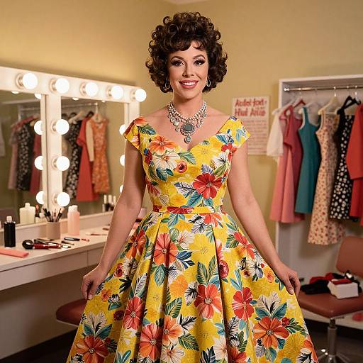 Photograph of a smiling woman in a vibrant yellow floral dress, standing in a brightly lit vintage-style dressing room, surrounded by illuminated mirrors and colorful clothes
