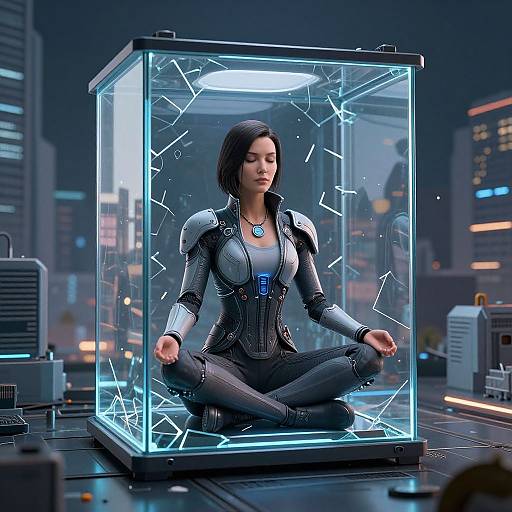 Digital CGI image of a woman in a futuristic black bodysuit meditating inside a glowing, cracked glass cage on a neon-lit city rooftop.