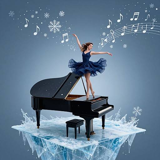 Photograph: Energetic ballerina in blue dress, standing on ice platform, playing grand piano, surrounded by floating musical notes and snowfl