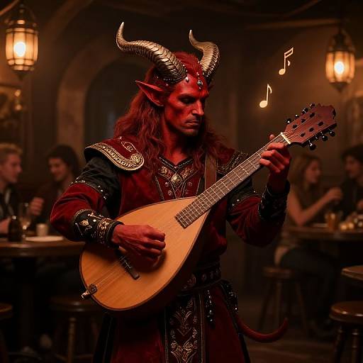 Photograph of a red-skinned demon with horns playing an acoustic guitar in a dimly lit, medieval-style tavern, surrounded by blurred patrons. Musical