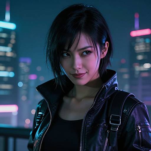 Digital CGI of a cute Asian woman with dark hair, wearing a black leather jacket, smiling softly against a neon-lit cityscape background.