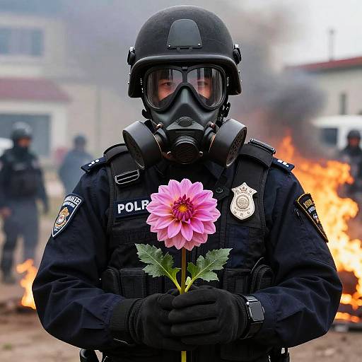Armored Officer Holding Pink Dahlia