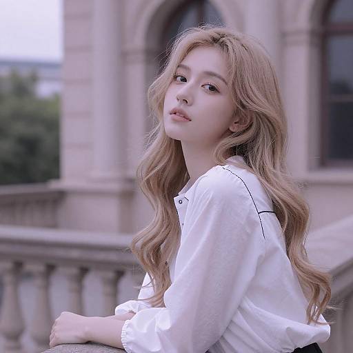 Dreamy Portrait of Woman by Stone Railing