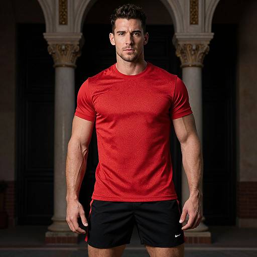 Photograph of a muscular, handsome man with short dark hair, wearing a red t-shirt and black shorts, standing in front of ornate, ar