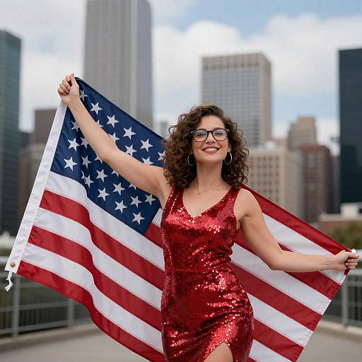 Joyful Woman in Sequined Dress with Flag