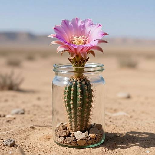 Photograph of a pink desert flower with yellow center, blooming from a cactus in a clear jar, set on sandy desert ground under a clear