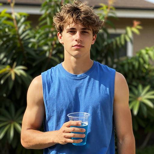 Young Man Outdoors with Blue Beverage