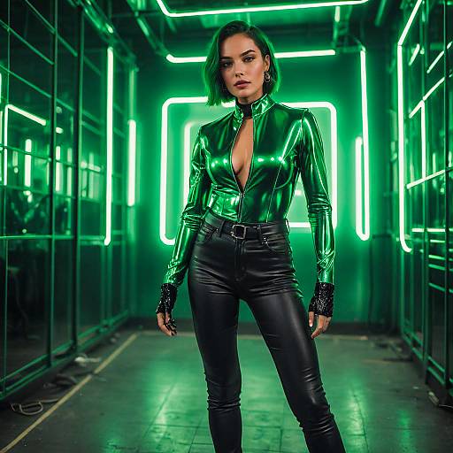 Woman in Metallic Green Bodysuit with Neon Lights