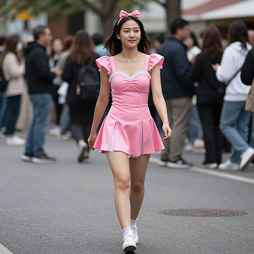 Photograph of an Asian woman in a pink, frilled dress, white sneakers, and a pink bow headband, walking confidently on a bustling street