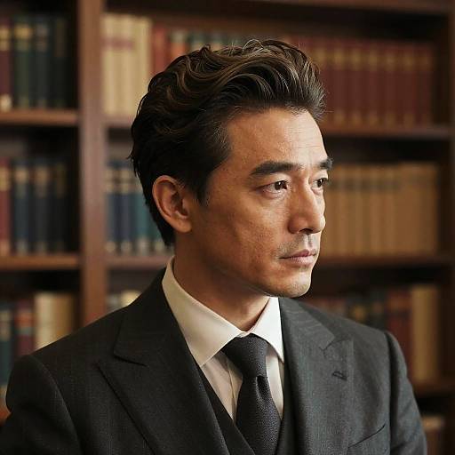 Photograph of an Asian man with neat, dark hair, wearing a black suit, white shirt, and black tie, standing in front of a wooden