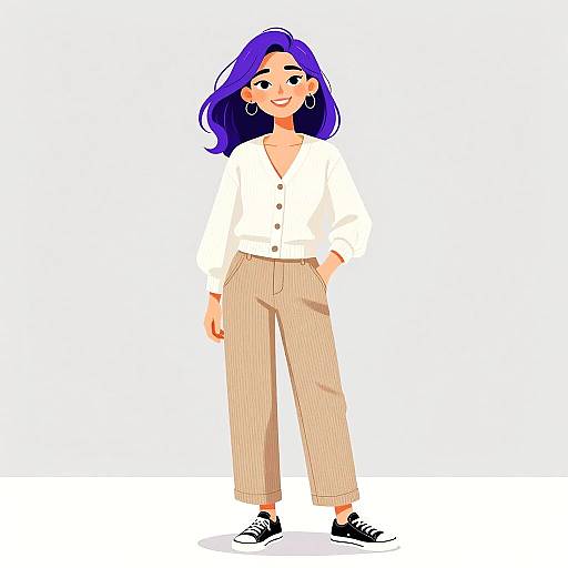 Digital illustration of a smiling woman with blue hair, wearing a white button-up shirt, beige pinstriped pants, and black sneakers.