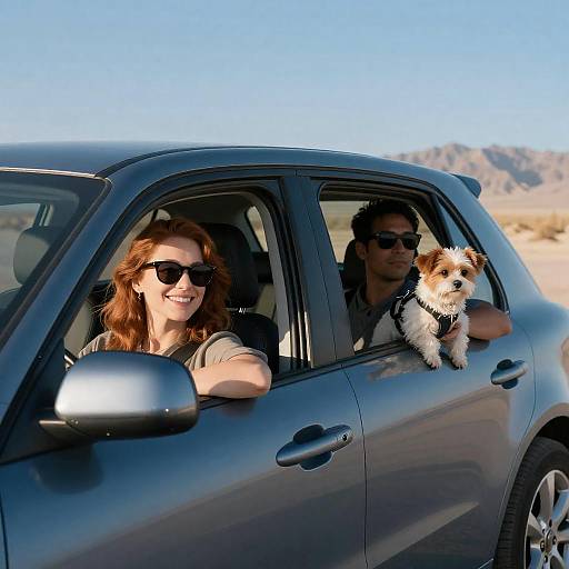 Couple with Dog in Blue Car by Desert