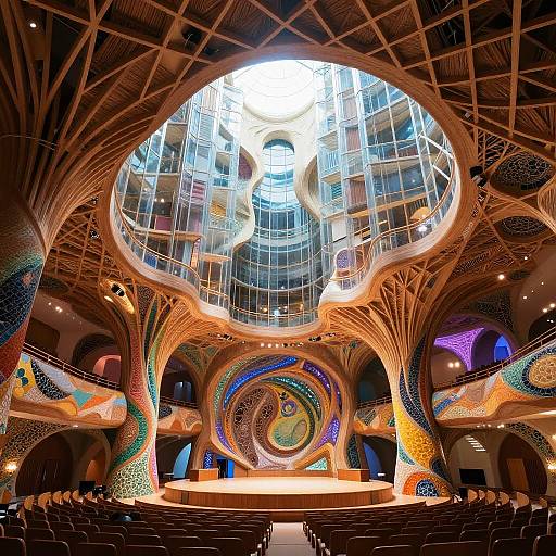 Photograph of a vibrant, multi-level, futuristic auditorium with intricate, colorful, swirling patterns on arches and ceilings, and a large central stage