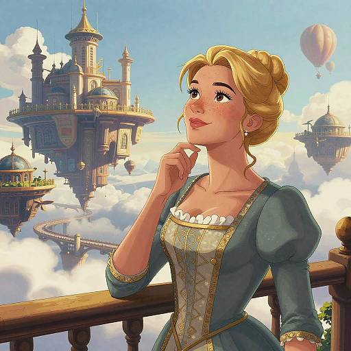 Digital illustration of a blonde, freckled woman in a blue, Renaissance-style dress, standing on a balcony overlooking floating, fairy-tale castles