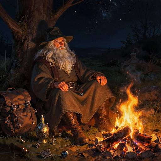 Gandalf Resting by Campfire at Night