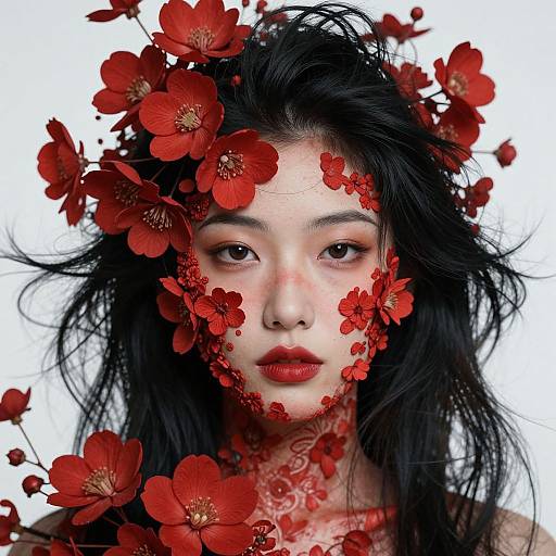 Photograph of an Asian woman with long black hair, red flower petals covering her face and neck, against a white background. Her eyes are intense,