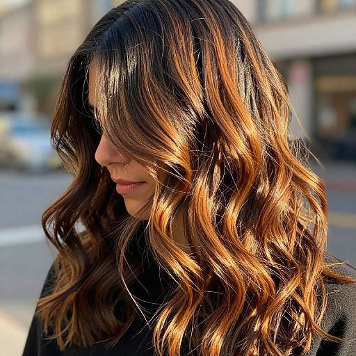 Photograph of a woman with long, wavy, brown and caramel highlighted hair, wearing a black coat, standing outdoors in sunlight.