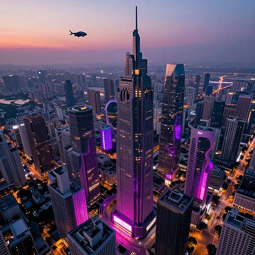 Photograph of a vibrant cityscape at dusk with a purple-lit skyscraper, illuminated buildings, and a helicopter in the sky.