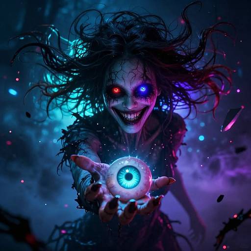 Digital art of a sinister, glowing-eyed creature with wild hair, extending a hand with a blue, spiral-eyed orb against a neon, dark blue background