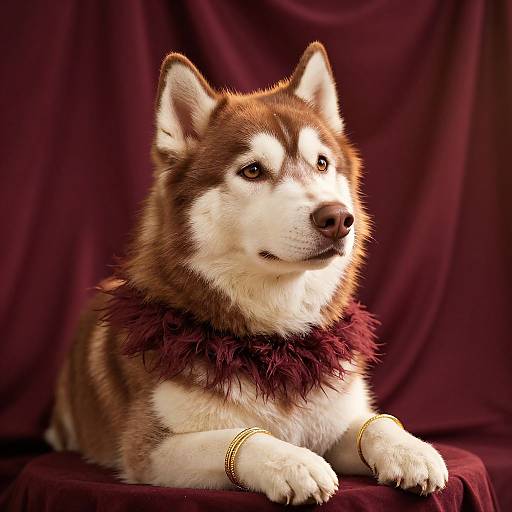Photograph of a regal Siberian Husky with brown and white fur, wearing a dark maroon feathered collar and gold bracelets, against a